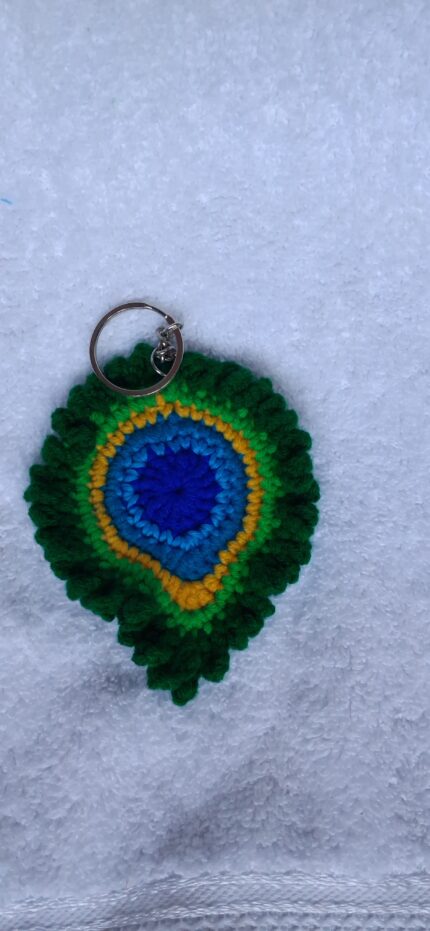 Crochet peacock feather keychain